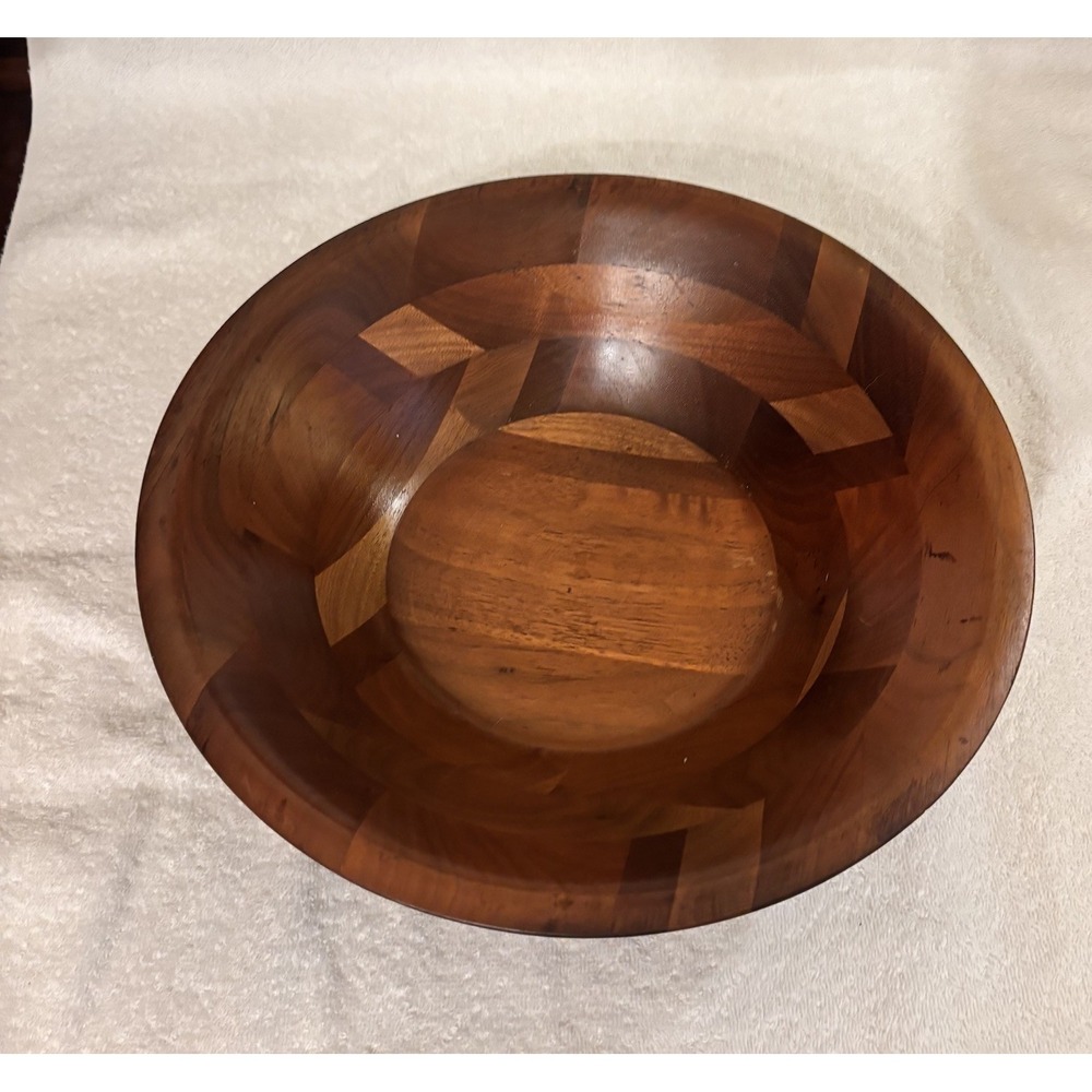 Vintage Vermillion Real Walnut Wood Bowl 12" Mid Century Segmented Serving MCM